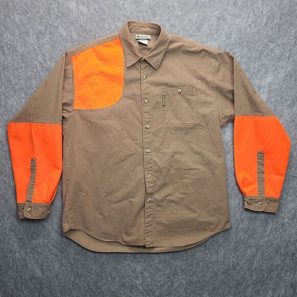 Columbia Shooting Hunting Shirt Mens LARGE‎ Khaki Bright Hi-Vis Blaze Orange - Picture 1 of 11